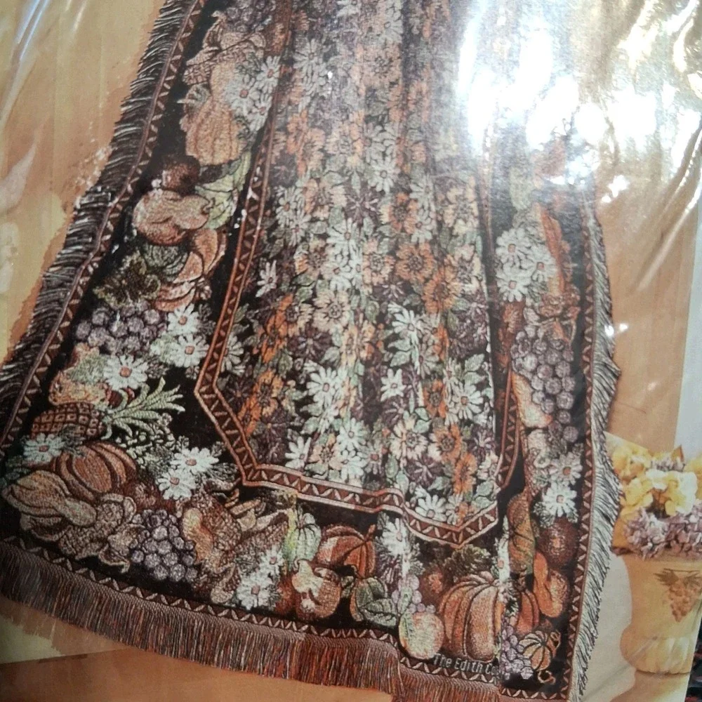 VTG 90s Cottagecore Woven Tapestry Fall Flowers Throw Blanket 50